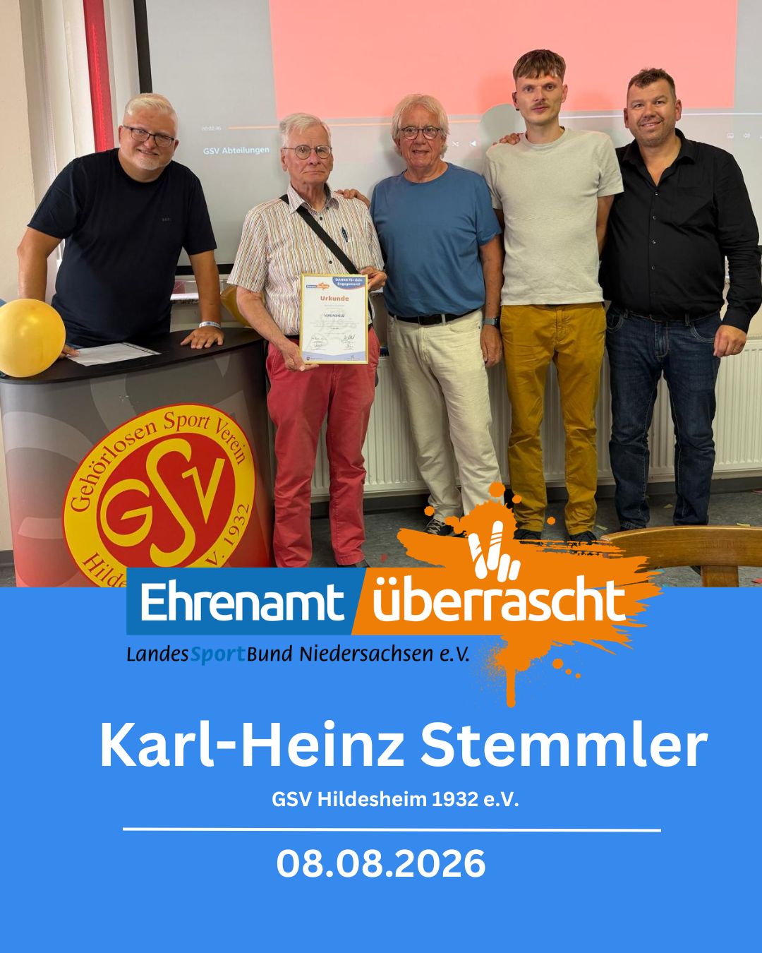 Karl-Heinz Stemmler vom GSV Hildesheim 1932 e.V. wurde im Rahmen von "Ehrenamt überrascht" geehrt.  